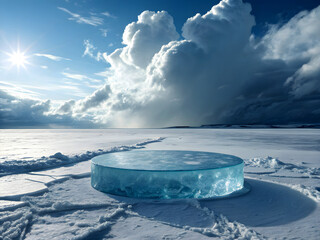 A surreal icy landscape featuring a large circular podium made entirely of transparent blue ice, placed at the center