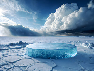 A surreal icy landscape featuring a large circular podium made entirely of transparent blue ice, placed at the center