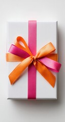 Elegant White Gift Box Tied with Vibrant Pink and Orange Ribbon Bow.