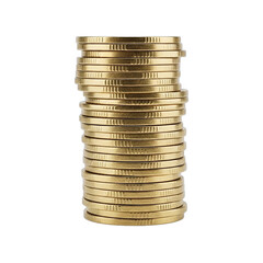 A tall neat stack of shiny golden coins isolated on a white background. PNG Transparent