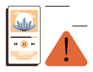 Smartphone audio player screen with lotus design beside a bold exclamation warning triangle. Ideal for safety, focus, mindfulness, caution, technology, digital applications, balance. Simple flat