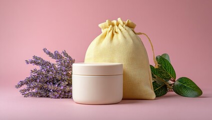 Natural cosmetic cream jar with lavender and green plant sprig.