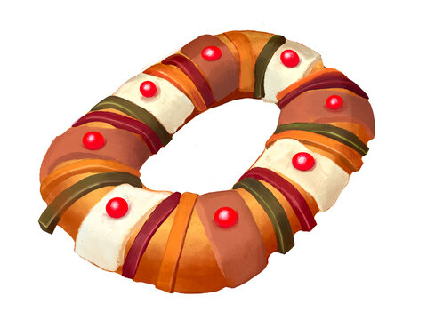 Rosca de Reyes traditional Mexican bread with candied fruits, holiday pastry illustration