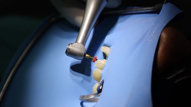 Dental handpiece with rotary file inserted into a tooth during root canal treatment under rubber dam isolation. Concept of endodontics, precision work, and patient care.