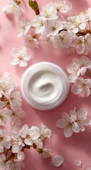 Cosmetic cream jar with delicate white cherry blossoms on a soft pink background.