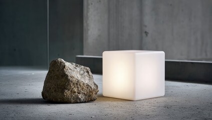Minimalist composition contrasting rough natural stone with a glowing geometric cube light.