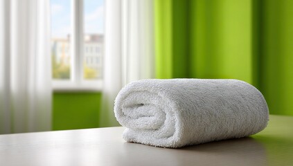 Clean white rolled towel placed on a table with bright green curtains.