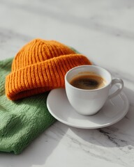 Warm knitted beanie and scarf with hot espresso coffee on marble surface.