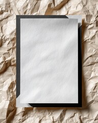 Blank white paper sheet attached to dark surface on crumpled brown paper background.