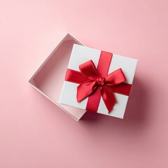 Gift box with red ribbon on pink background, open present.