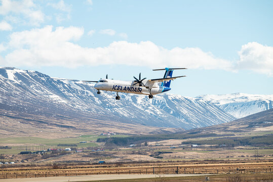 Icelandair Bombardier Dash 8 Q400 airplane landing at Akureyri Airport