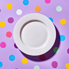White plate on a vibrant purple background with colorful confetti dots.