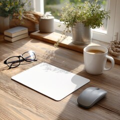 Cozy home office desk setup with coffee and plants by the window.