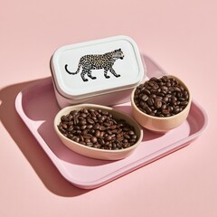 Still life composition with coffee beans and leopard illustrated container on pink tray.