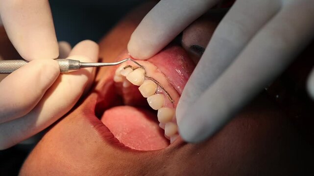 Close-up of dentist inserting gingival retraction cord under the gum before digital impression scanning. Concept of precision dentistry and prosthetic preparation.