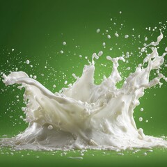 Dynamic white milk splash frozen in motion against a vibrant green background.