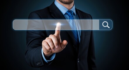 Businessman in a suit pointing his finger at a virtual search bar on a digital interface, representing online data searching and information retrieval