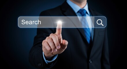 A corporate executive's finger touching a glowing search bar, symbolizing data discovery and internet technology