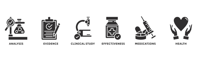 Clinical research icon set illustration concept with icon of analysis, evidence, clinical study, effectiveness, medications, health