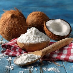 Fresh Coconuts and White Powder Ingredient on Rustic Blue Wooden Surface.