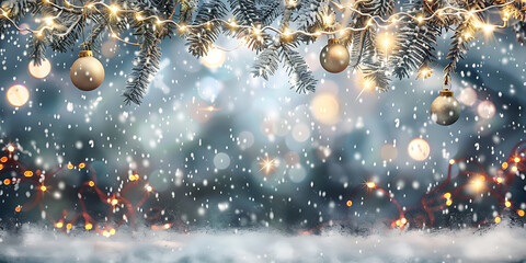 Magical winter wonderland with falling snow and sparkling fairy lights on fir branches.