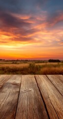 Rustic Wooden Foreground Meets Dramatic Sunset Over Golden Fields.