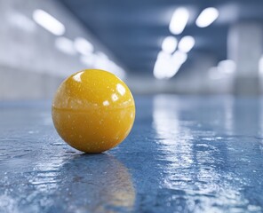 Single Yellow Ball Resting on a Wet Reflective Blue Surface.