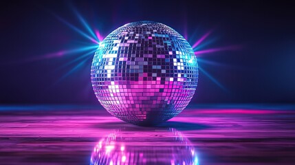 Disco Ball with Neon Lights on Reflective Surface