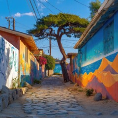 Vibrant colorful alleyway with artistic murals and a unique tree.