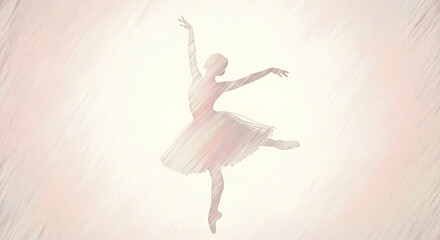 A delicate, stylized illustration of a ballerina in a tutu, gracefully poised en pointe with arms extended in a dance pose.