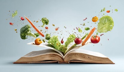 Open book with fresh vegetables and herbs exploding outwards creating a healthy eating concept.