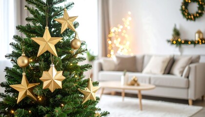 A vibrant Christmas scene depicts a decorated tree with gold stars & ornaments, a cozy living room with a blurred background