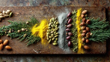 Rustic wooden board displaying an assortment of aromatic spices herbs and nuts.