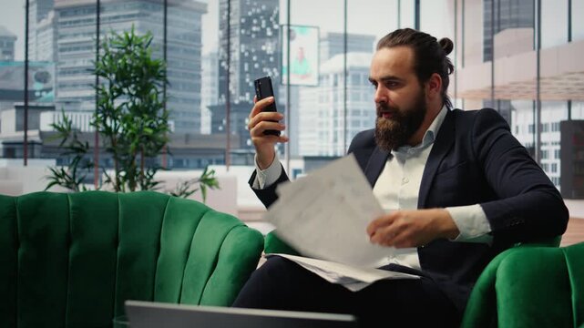 Negative anxious boss criticizing ineffective team on a video call, dissatisfied with the paperwork and throwing documents. Negative rude director yelling at people, bad criticism. Camera A.