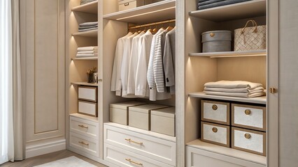 Close up of a well organized closet with clothes and storage boxes