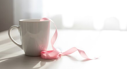 A white mug with a pink ribbon tied around its base, set against a bright, softly lit background.