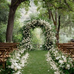 Enchanting outdoor wedding ceremony aisle with lush floral arch and seating.