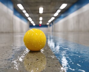 A solitary yellow ball rests on a wet reflective urban pathway.