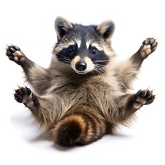 Obraz premium Adorable raccoon sitting playfully with paws up against a clean white background looking cute and