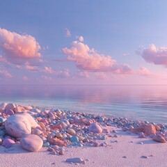 Serene Pastel Beach with Calm Ocean and Soft Clouds at Sunrise or Sunset.