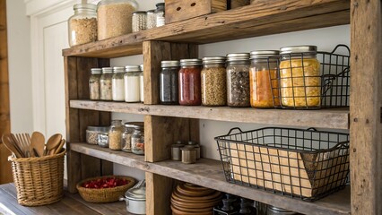 Rustic wooden pantry shelves filled with jars and kitchen utensils