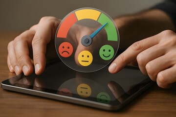 Customer satisfaction survey on a tablet. 