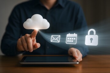 Concept of digital transformation, with a person interacting with cloud services. 