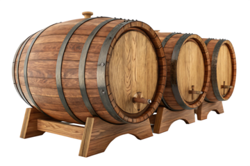 Three Wooden Barrels on Stands with Metal Bands and Spigots aged Cutout PNG Ai isolated on a transparent background