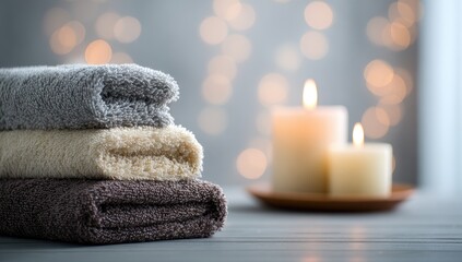 Stacked soft towels and glowing candles create a serene spa atmosphere for relaxation.