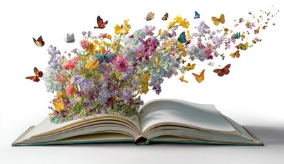 Magical open book releasing vibrant flowers and butterflies into the air.