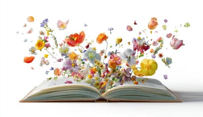 An open book releasing a vibrant explosion of colorful flowers and petals.