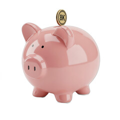 Pink ceramic piggy bank with a gold 8K coin for savings. PNG Transparent