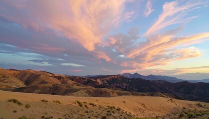 Naklejka premium Dramatic sunset over a desert landscape. Colorful clouds above a range of hills and sand dunes