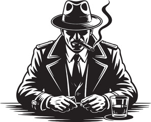 Man in fedora smoking cigar with drink vector